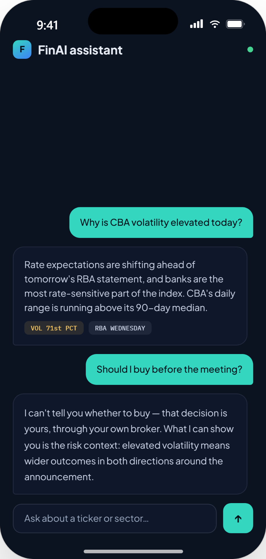 FinAI mobile assistant answering questions about CBA volatility and refusing to give buy or sell advice