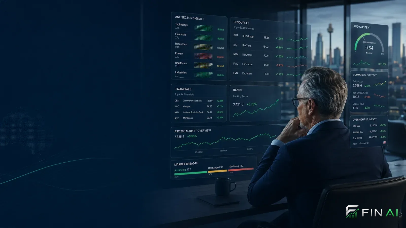 FinAI ASX market intelligence interface with Australian sectors, AUD and commodity context