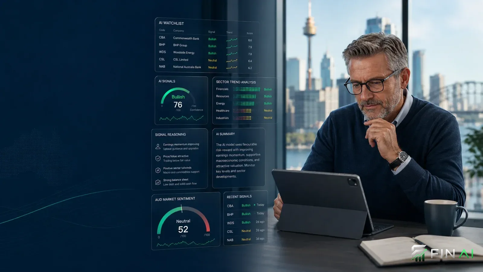 FinAI AI stock analysis and market signal interface for Australian investors