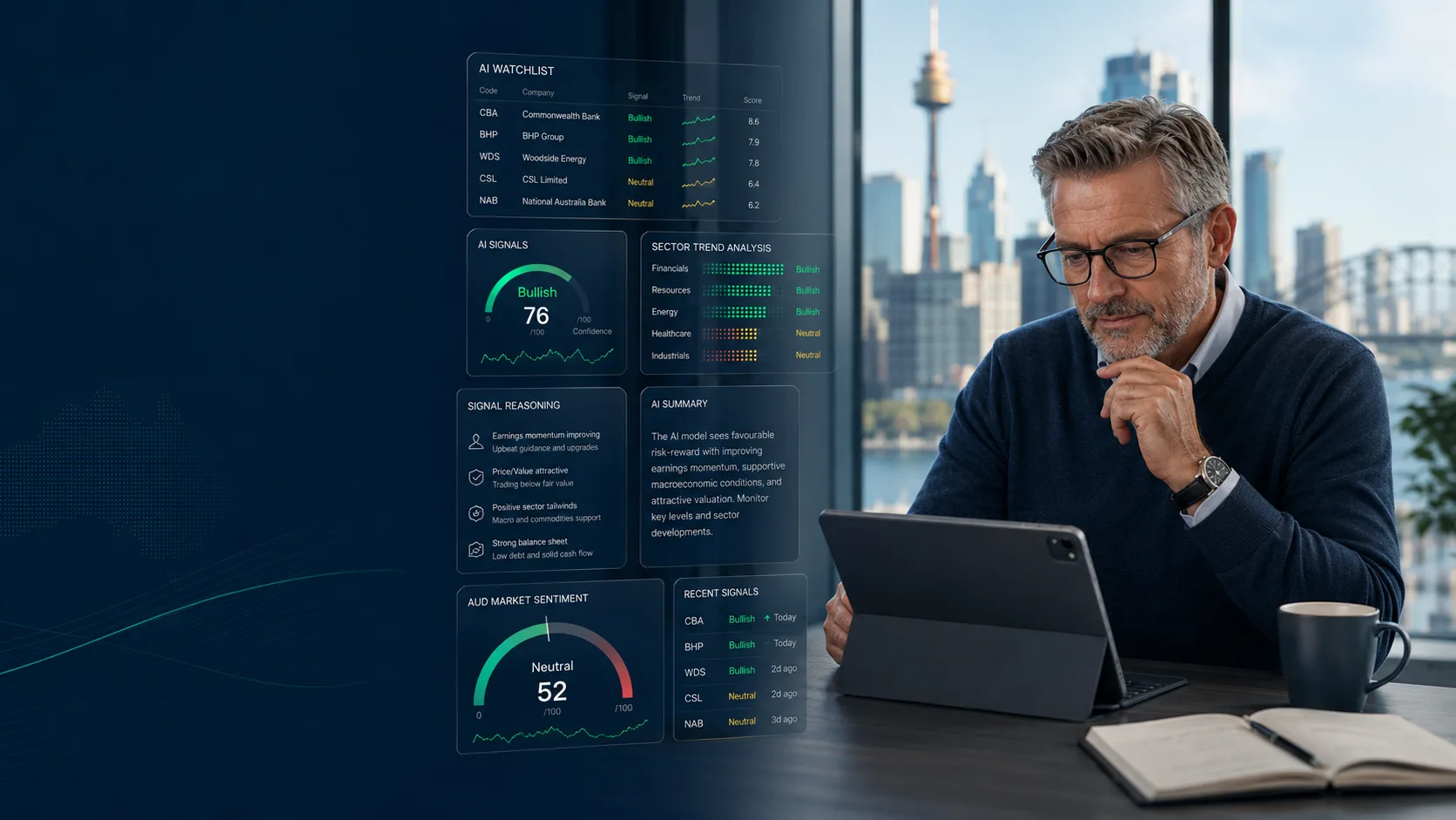 FinAI research dashboard emphasising human decision-making over automated execution