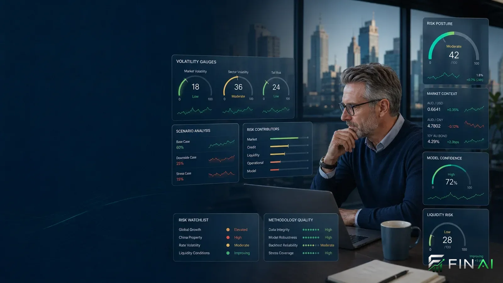 FinAI market risk and volatility analysis dashboard with scenario indicators